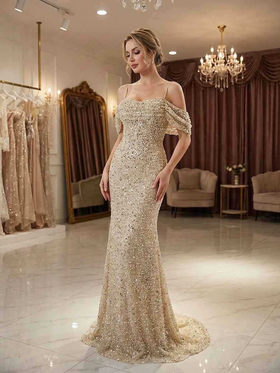 Sparkly Champagne Beaded Off-the-Shoulder Mermaid Long Prom Dress - BMBRIDAL