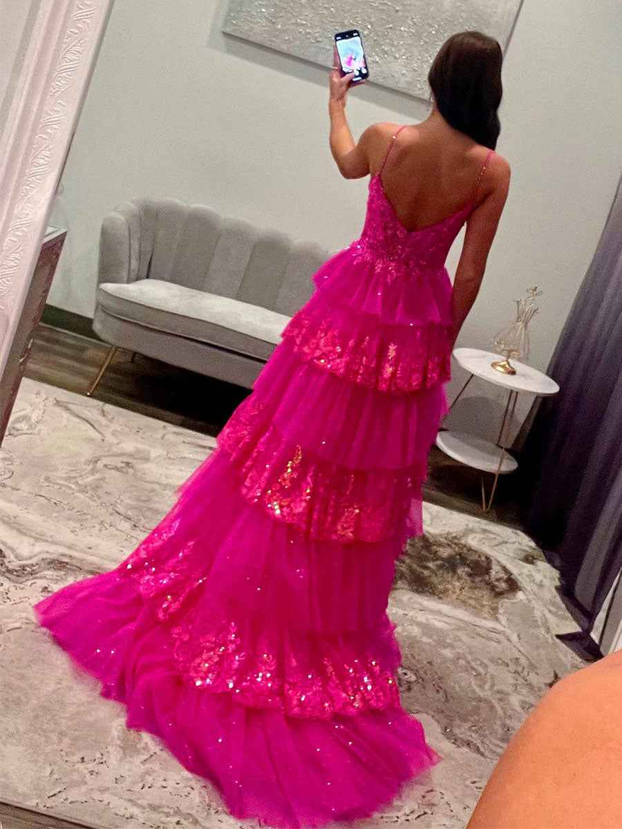 Sparkly Lace Embroidery Tiered Long Prom Dress with Slit