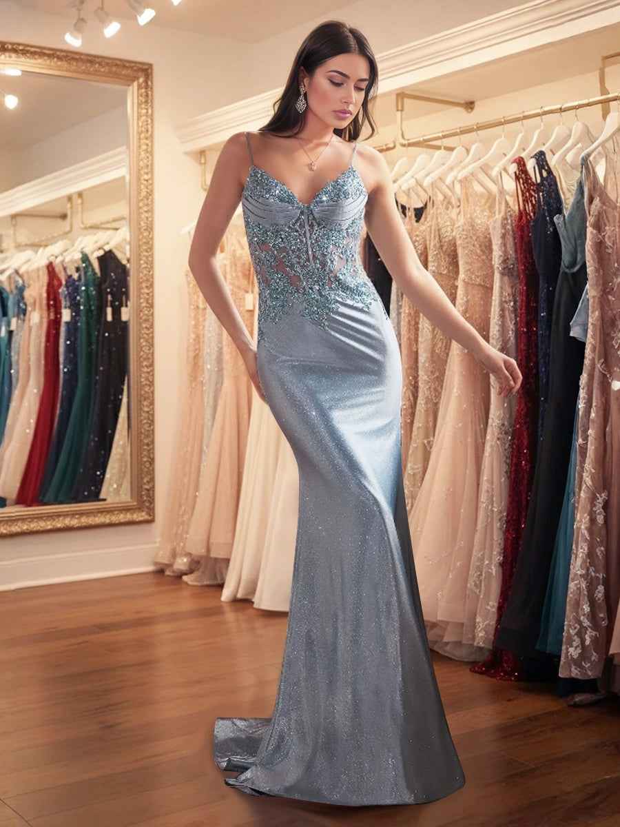 Sparkly Lavender Corset Long Prom Dress with Asymmetrical Applique|s