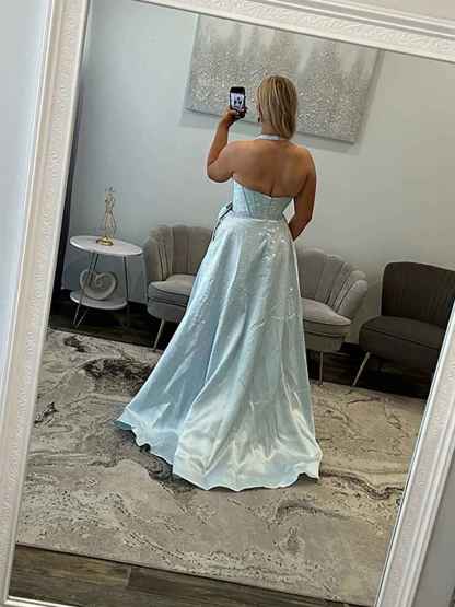Sparkly Light Blue A-Line Corset Prom Dress with Statement Bow
