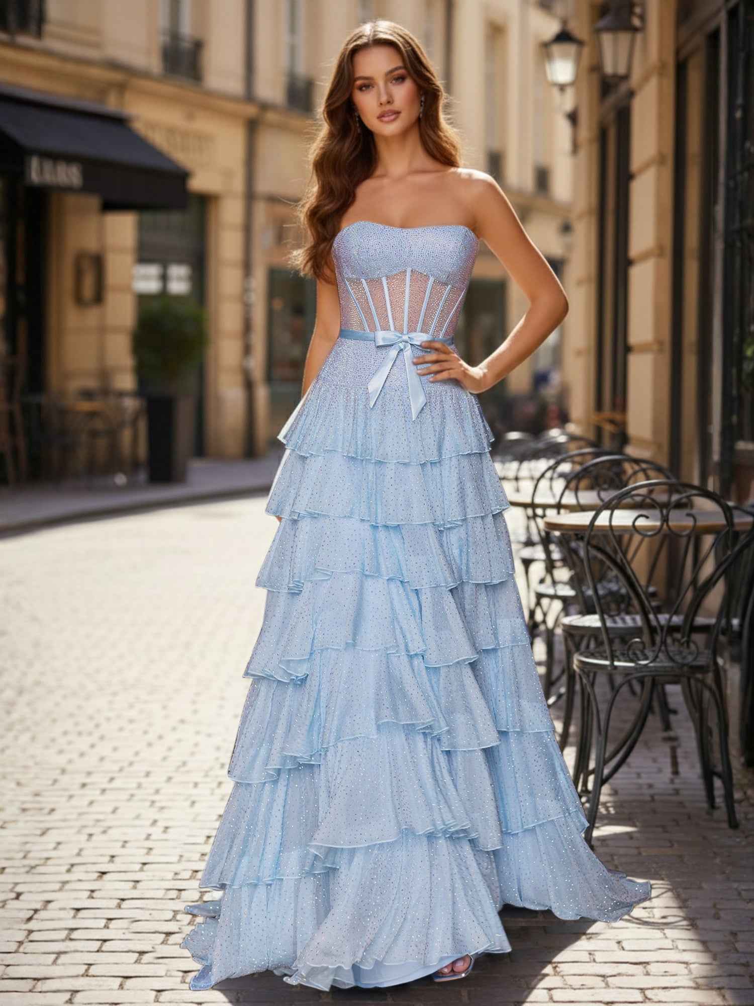 Sparkly Light Blue Strapless Tiered Ruffle Corset Prom Dress with Slit