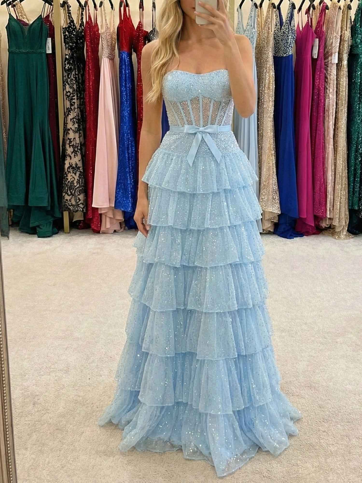 Sparkly Light Blue Strapless Tiered Ruffle Corset Prom Dress with Slit
