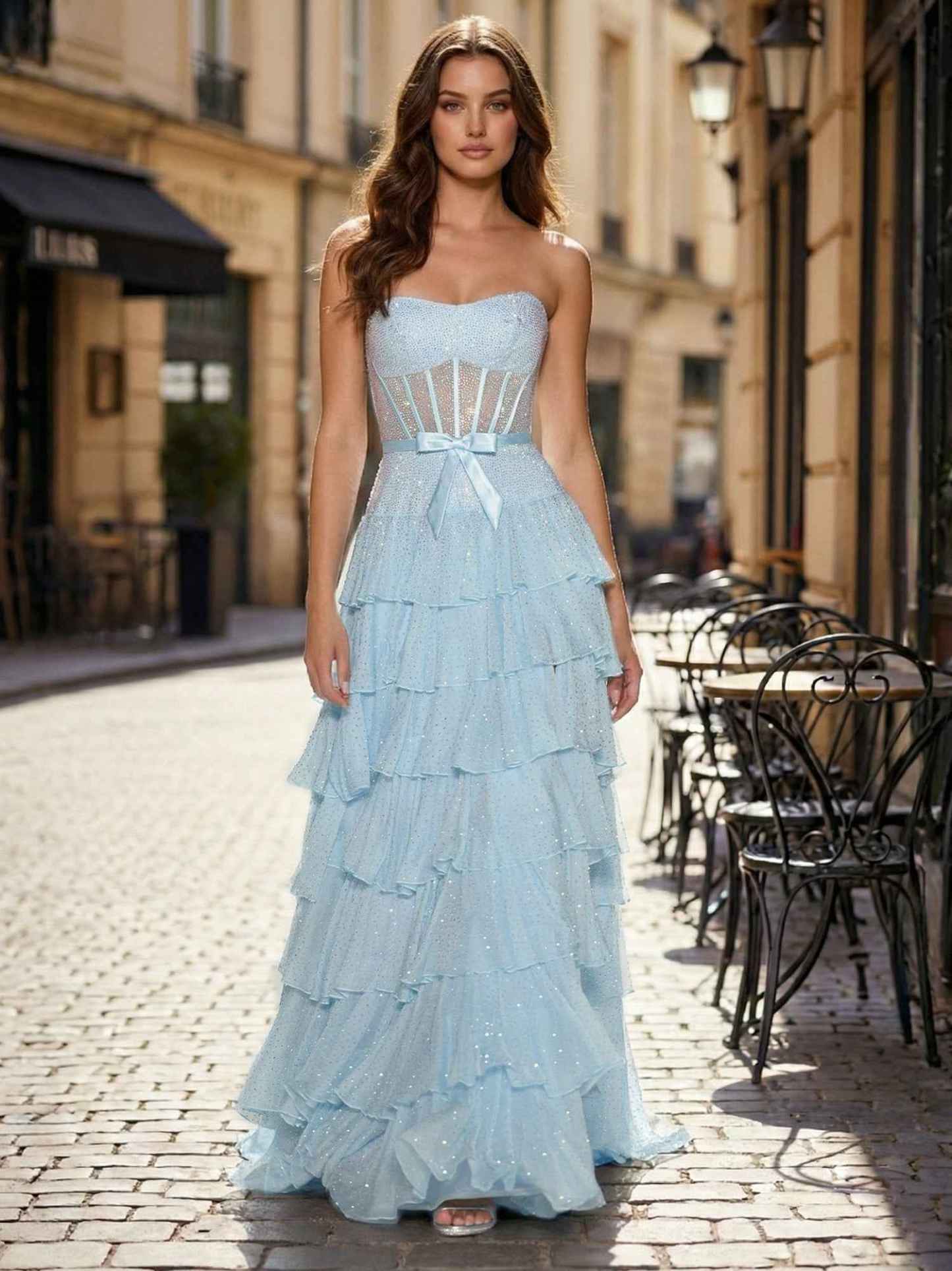 Sparkly Light Blue Strapless Tiered Ruffle Corset Prom Dress with Slit