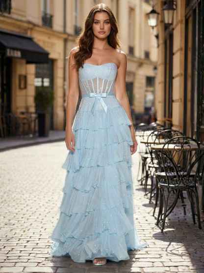 Sparkly Light Blue Strapless Tiered Ruffle Corset Prom Dress with Slit