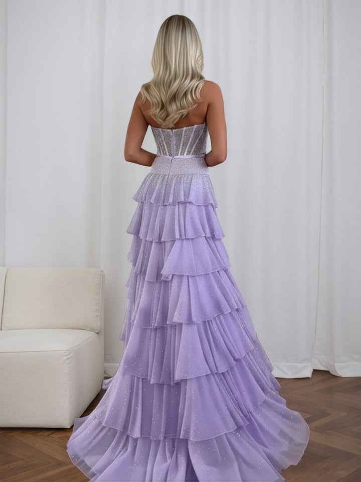 Sparkly Lilac Strapless Tiered Ruffle Corset Prom Dress with Slit