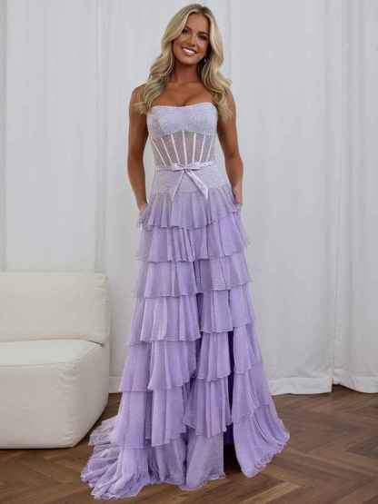 Sparkly Lilac Strapless Tiered Ruffle Corset Prom Dress with Slit