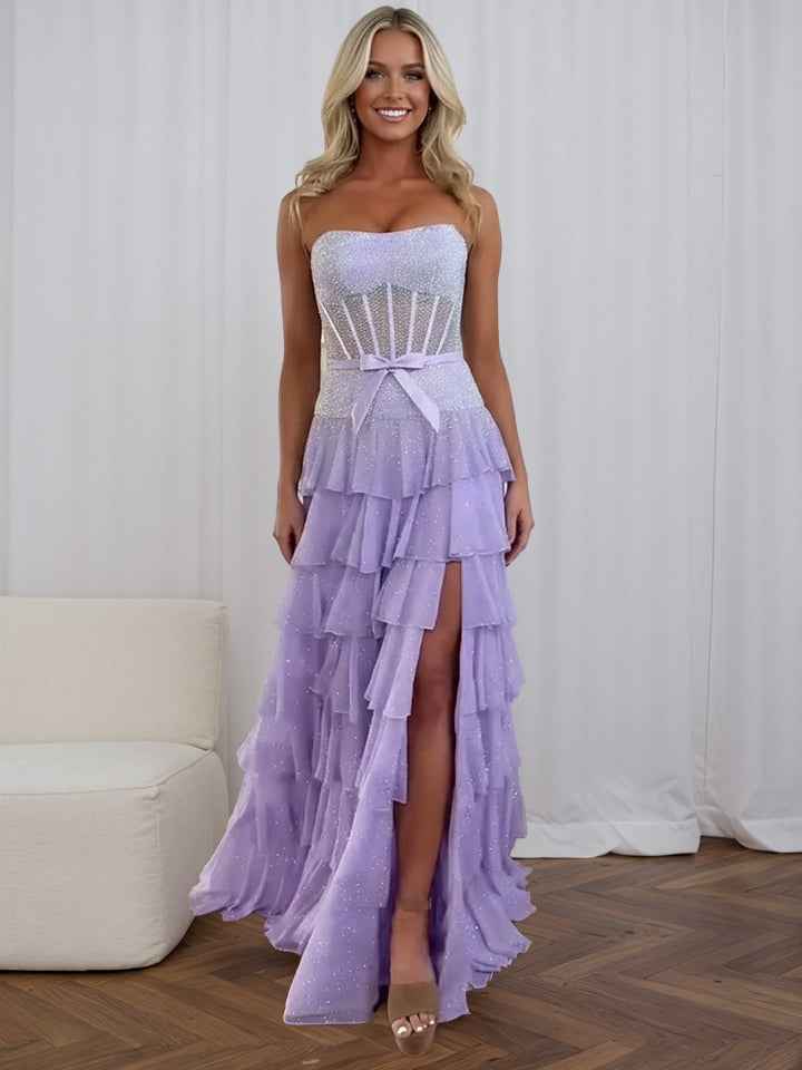 Sparkly Lilac Strapless Tiered Ruffle Corset Prom Dress with Slit