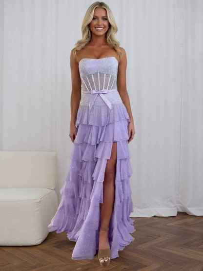 Sparkly Lilac Strapless Tiered Ruffle Corset Prom Dress with Slit