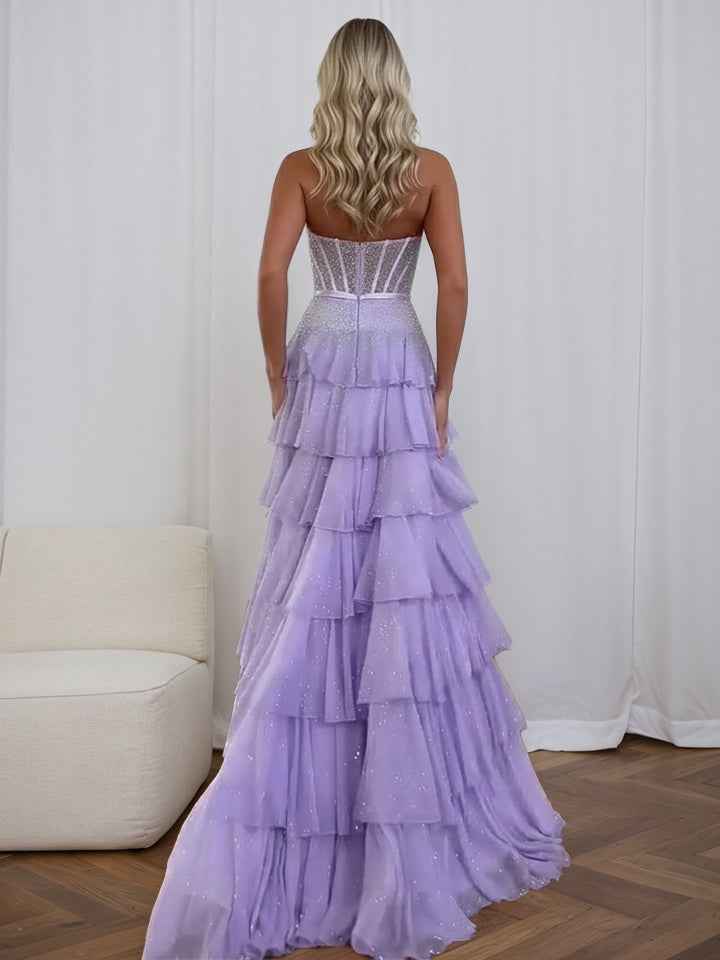 Sparkly Lilac Strapless Tiered Ruffle Corset Prom Dress with Slit