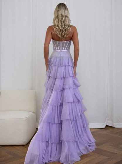 Sparkly Lilac Strapless Tiered Ruffle Corset Prom Dress with Slit