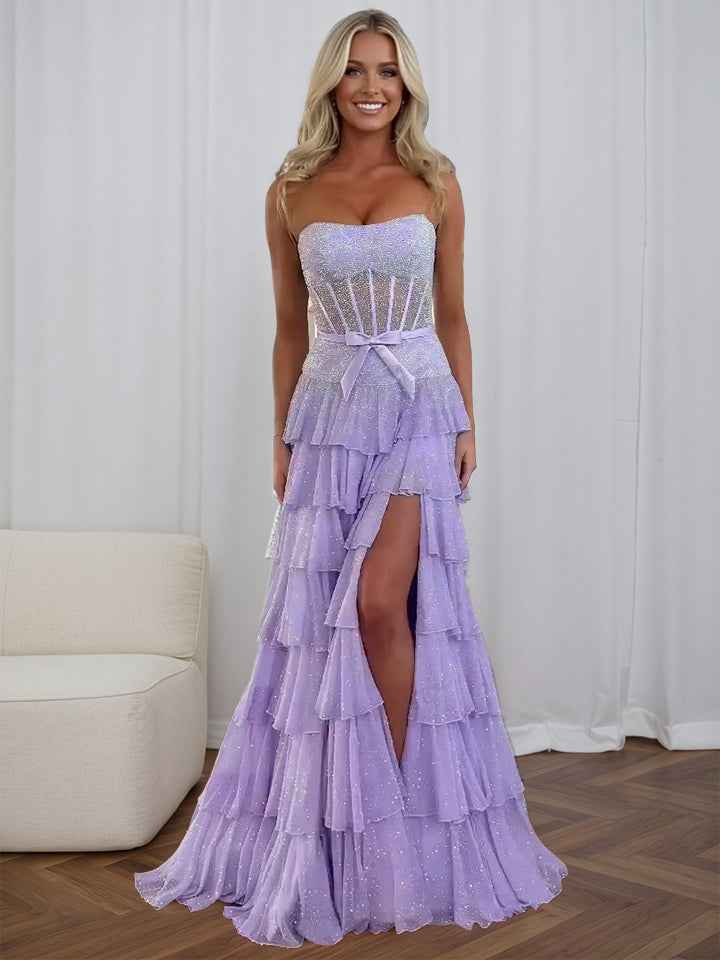 Sparkly Lilac Strapless Tiered Ruffle Corset Prom Dress with Slit