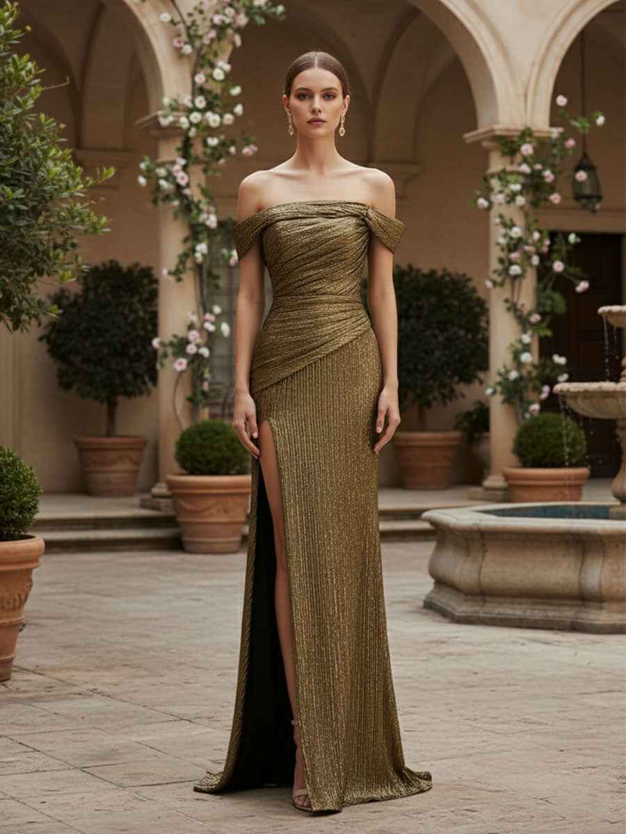 Sparkly Mermaid One Shoulder Pleated Formal Dress with Slit