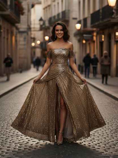 Sparkly Mermaid One Shoulder Pleated Long Formal Dress with Slit