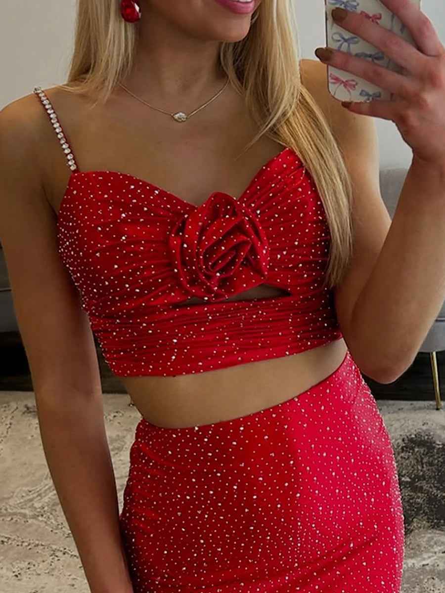 Sparkly Red Sweetheart Two-Piece Prom Dress with 3D Rosette
