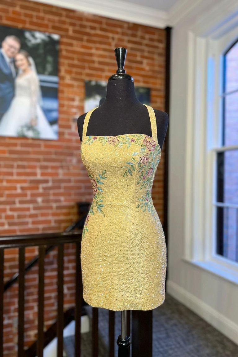 Square Neck Halter Full Rhinestone Floral Bodycon Homecoming Dress Crystal Fitted Mini