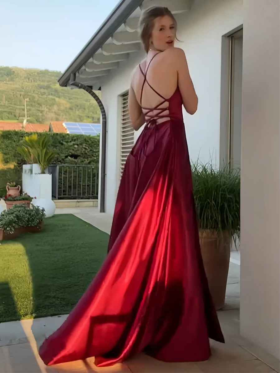 Square Neck Burgundy A-Line Long Prom Dress with Slit