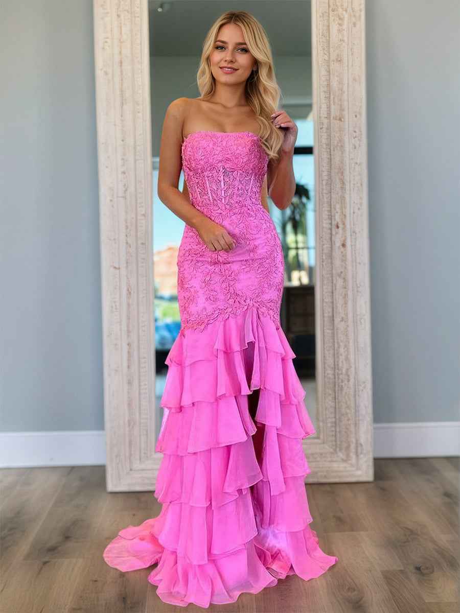 Strapless Applique Ruffle Mermaid Long Prom Dress with Slit