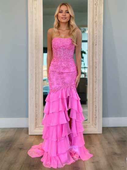 Strapless Applique Ruffle Mermaid Long Prom Dress with Slit