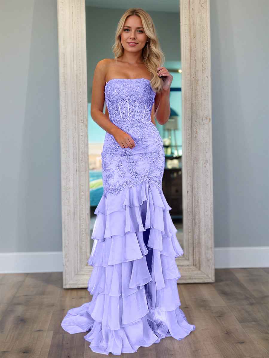 Strapless Applique Ruffle Mermaid Long Prom Dress with Slit