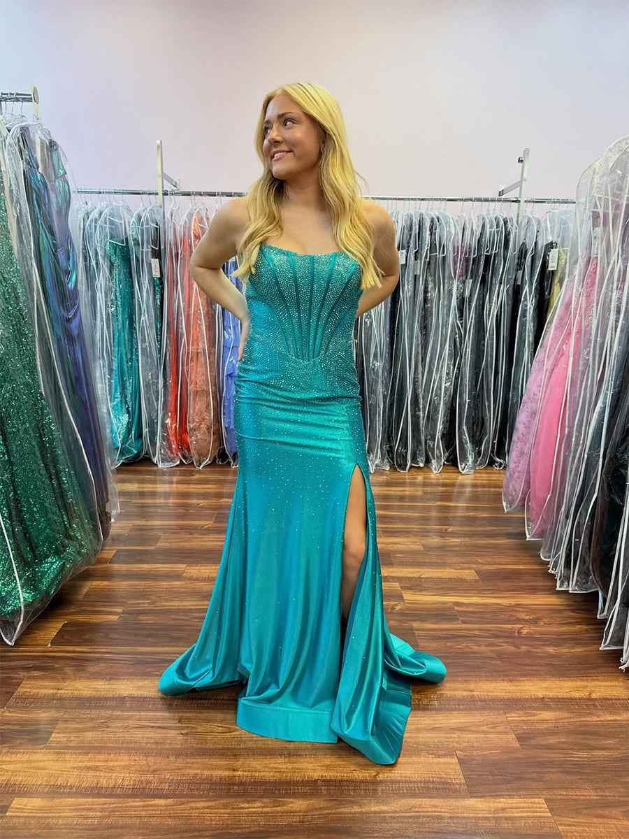 Hot Pink Strapless Beaded Corset Prom Dress with Slit