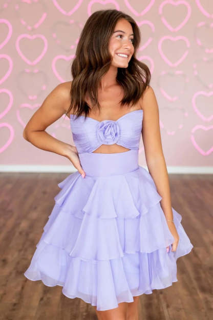 Strapless Chiffon Homecoming Dress 3D Rose Cutout Waist Tiered Ruffle A-line Mini