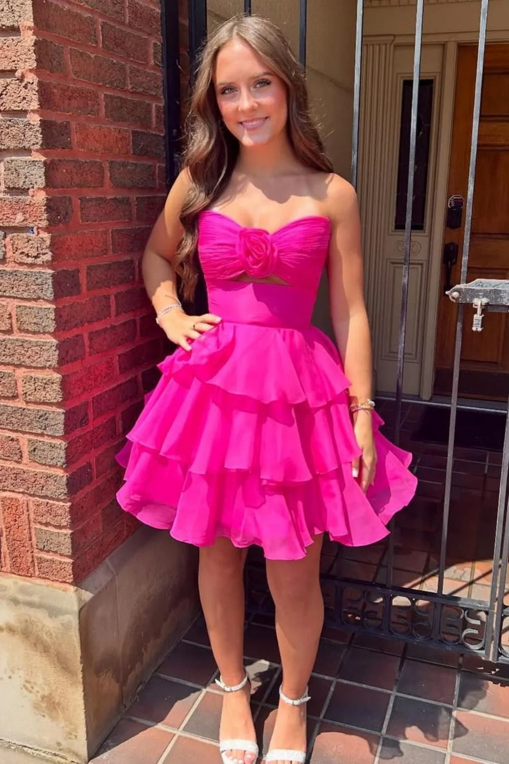 Strapless Chiffon Homecoming Dress 3D Rose Cutout Waist Tiered Ruffle A-line Mini