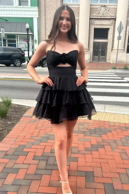 Strapless Chiffon Homecoming Dress 3D Rose Cutout Waist Tiered Ruffle A-line Mini