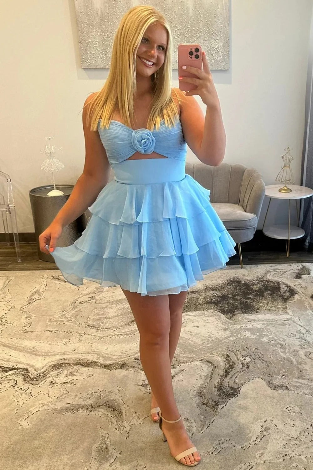 Strapless Chiffon Homecoming Dress 3D Rose Cutout Waist Tiered Ruffle A-line Mini