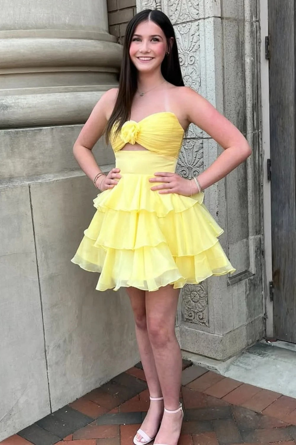 Strapless Chiffon Homecoming Dress 3D Rose Cutout Waist Tiered Ruffle A-line Mini