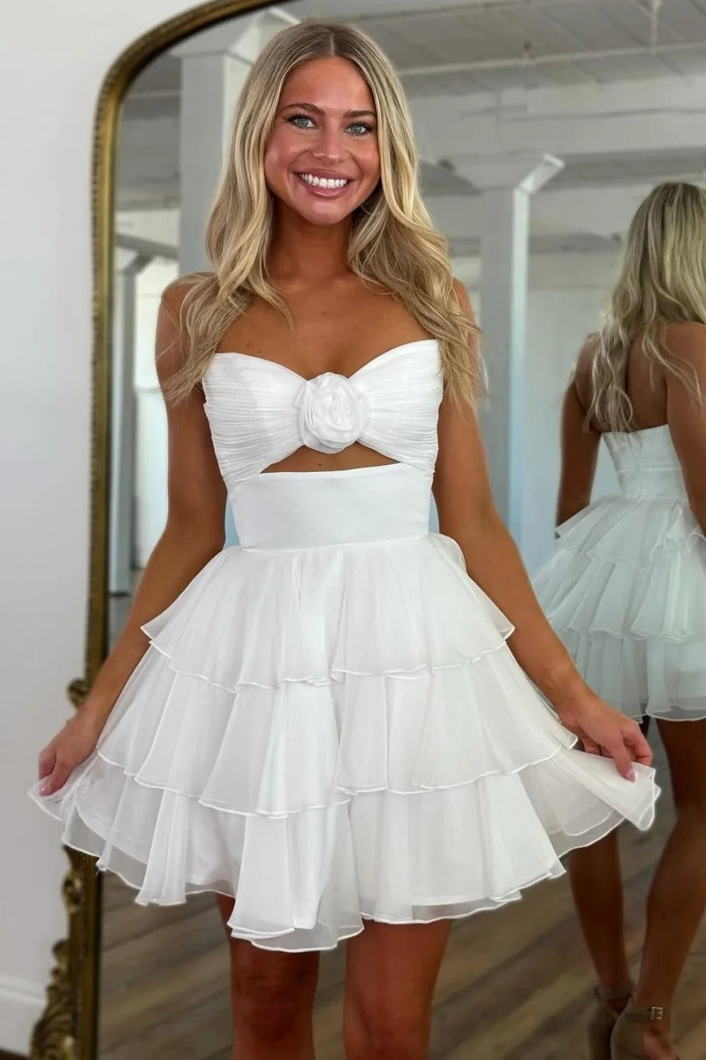 Strapless Chiffon Homecoming Dress 3D Rose Cutout Waist Tiered Ruffle A-line Mini