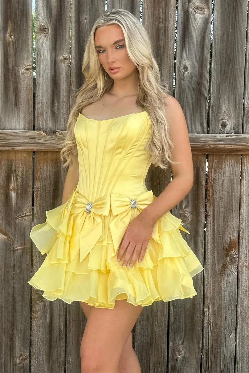 Strapless Corset Homecoming Dress Satin Bows Tiered Ruffle Mini Skirt