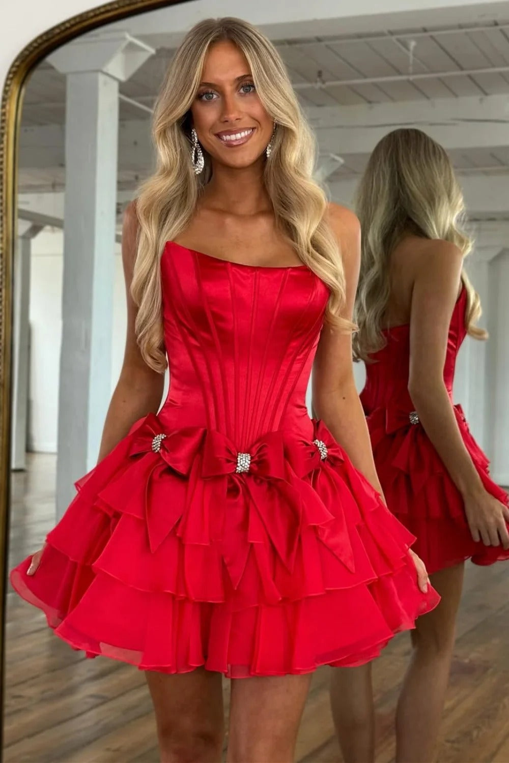 Strapless Corset Homecoming Dress Satin Bows Tiered Ruffle Mini Skirt
