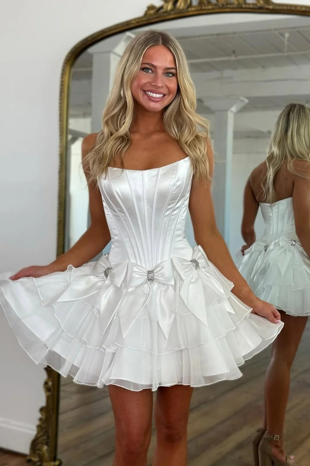 Strapless Corset Homecoming Dress Satin Bows Tiered Ruffle Mini Skirt