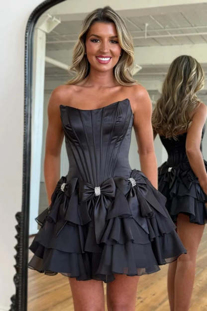 Strapless Corset Homecoming Dress Satin Bows Tiered Ruffle Mini Skirt
