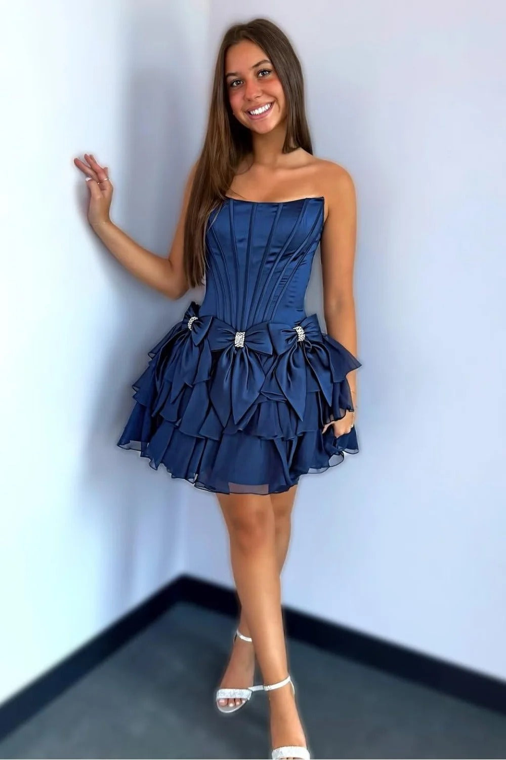Strapless Corset Homecoming Dress Satin Bows Tiered Ruffle Mini Skirt
