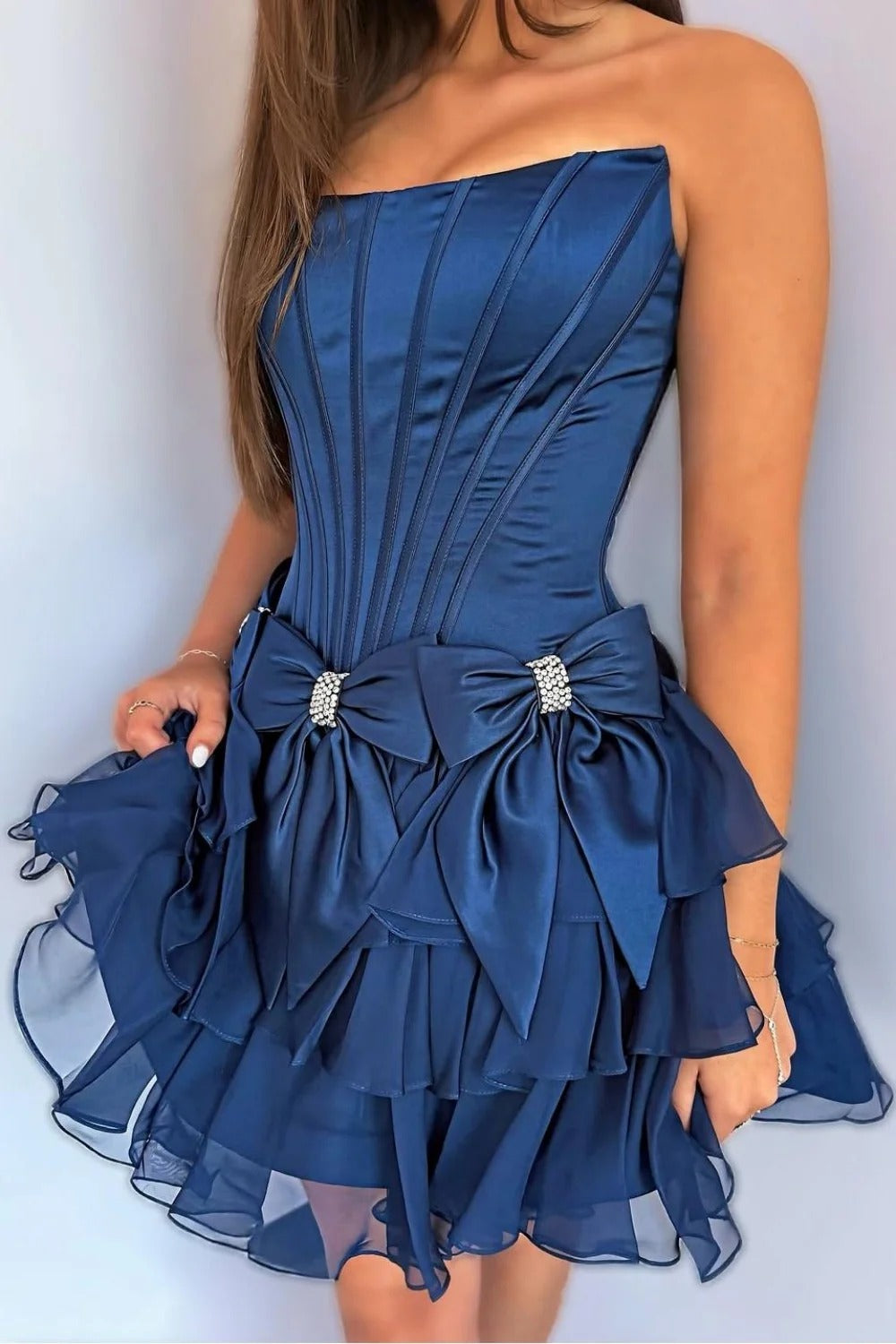 Strapless Corset Homecoming Dress Satin Bows Tiered Ruffle Mini Skirt