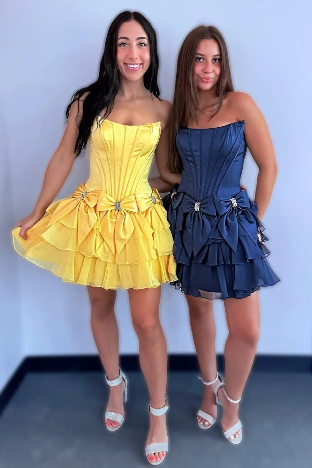Strapless Corset Homecoming Dress Satin Bows Tiered Ruffle Mini Skirt