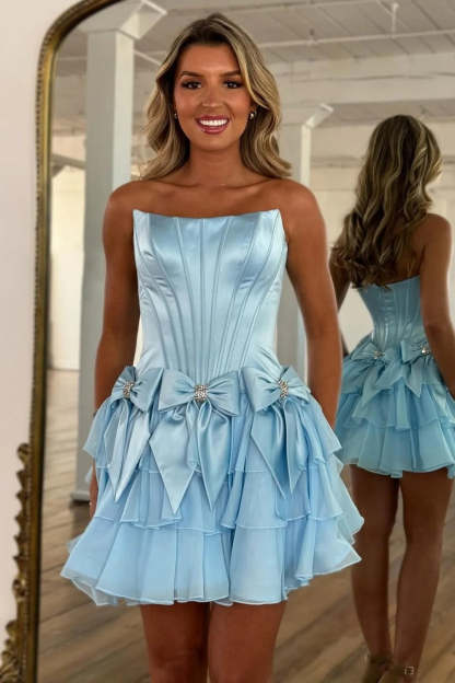Strapless Corset Homecoming Dress Satin Bows Tiered Ruffle Mini Skirt