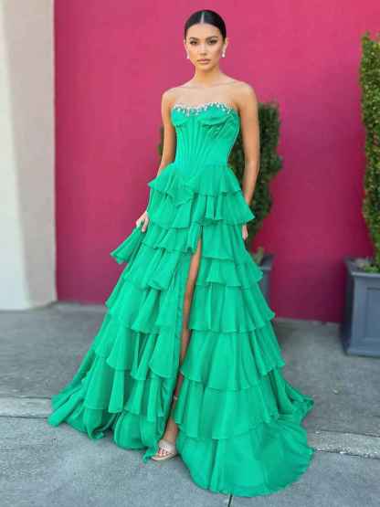 Strapless Crystal NecklineTiered Ruffle Satin Corset Prom Dress