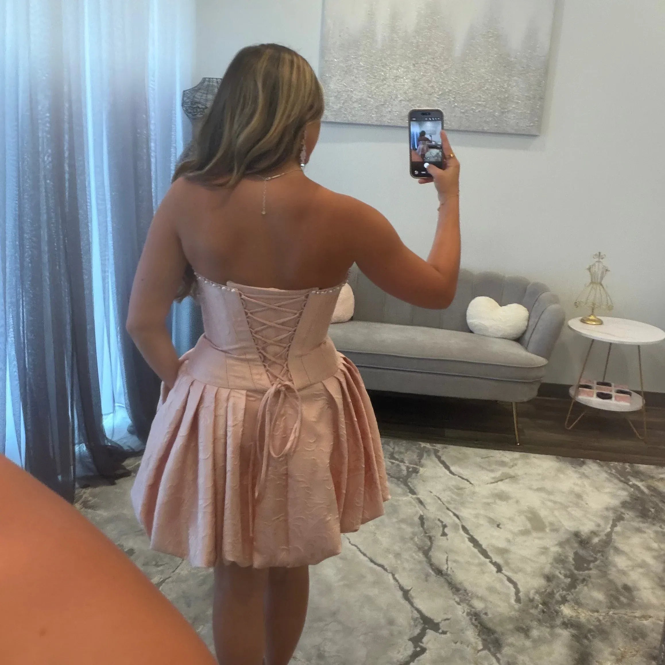 Strapless Crystal Trim Lace-Up Corset Homecoming Dress 3D Rose Satin Bubble Mini Skirt