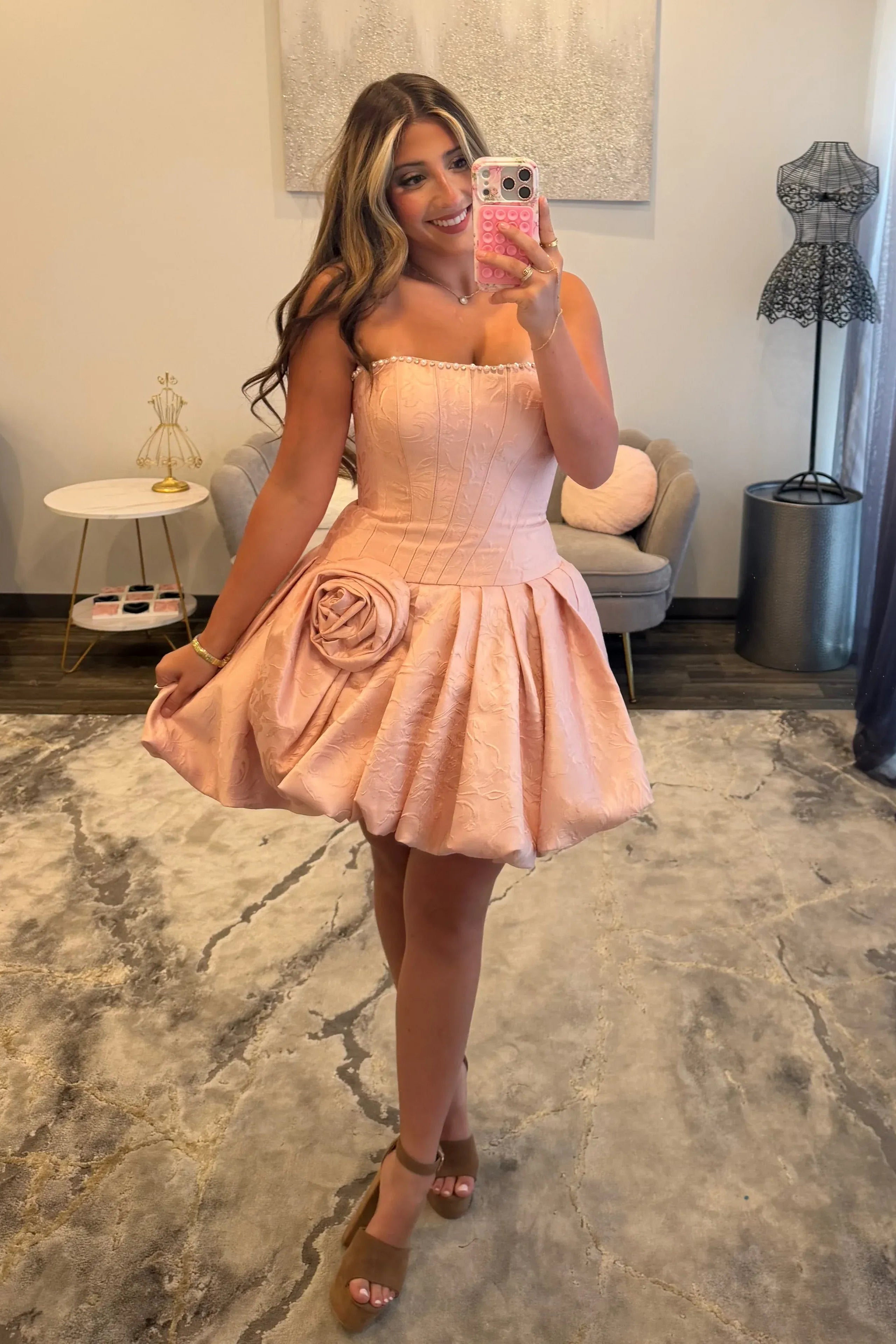 Strapless Crystal Trim Lace-Up Corset Homecoming Dress 3D Rose Satin Bubble Mini Skirt