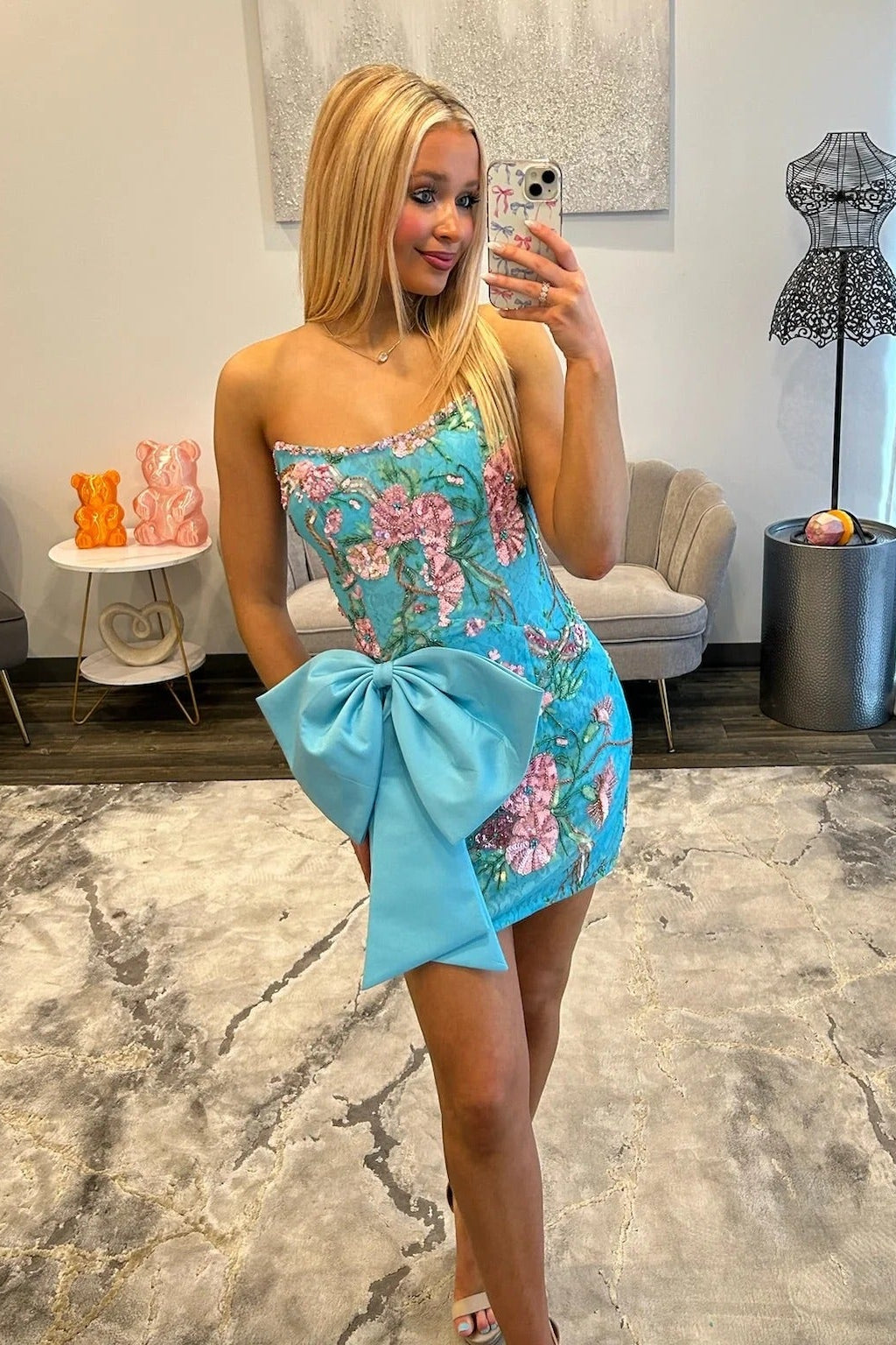 Strapless Floral Embroidered Sequin Homecoming Dress Oversized Bow Bodycon Mini Open Back