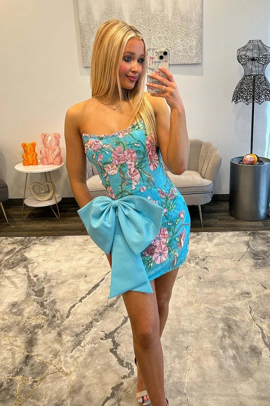 Strapless Floral Embroidered Sequin Homecoming Dress Oversized Bow Bodycon Mini Open Back
