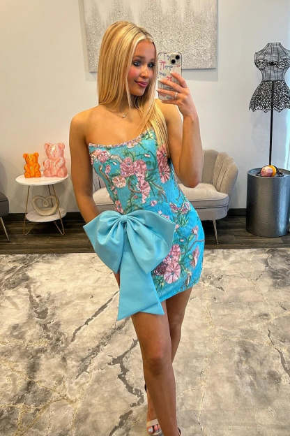 Strapless Floral Embroidered Sequin Homecoming Dress Oversized Bow Bodycon Mini Open Back