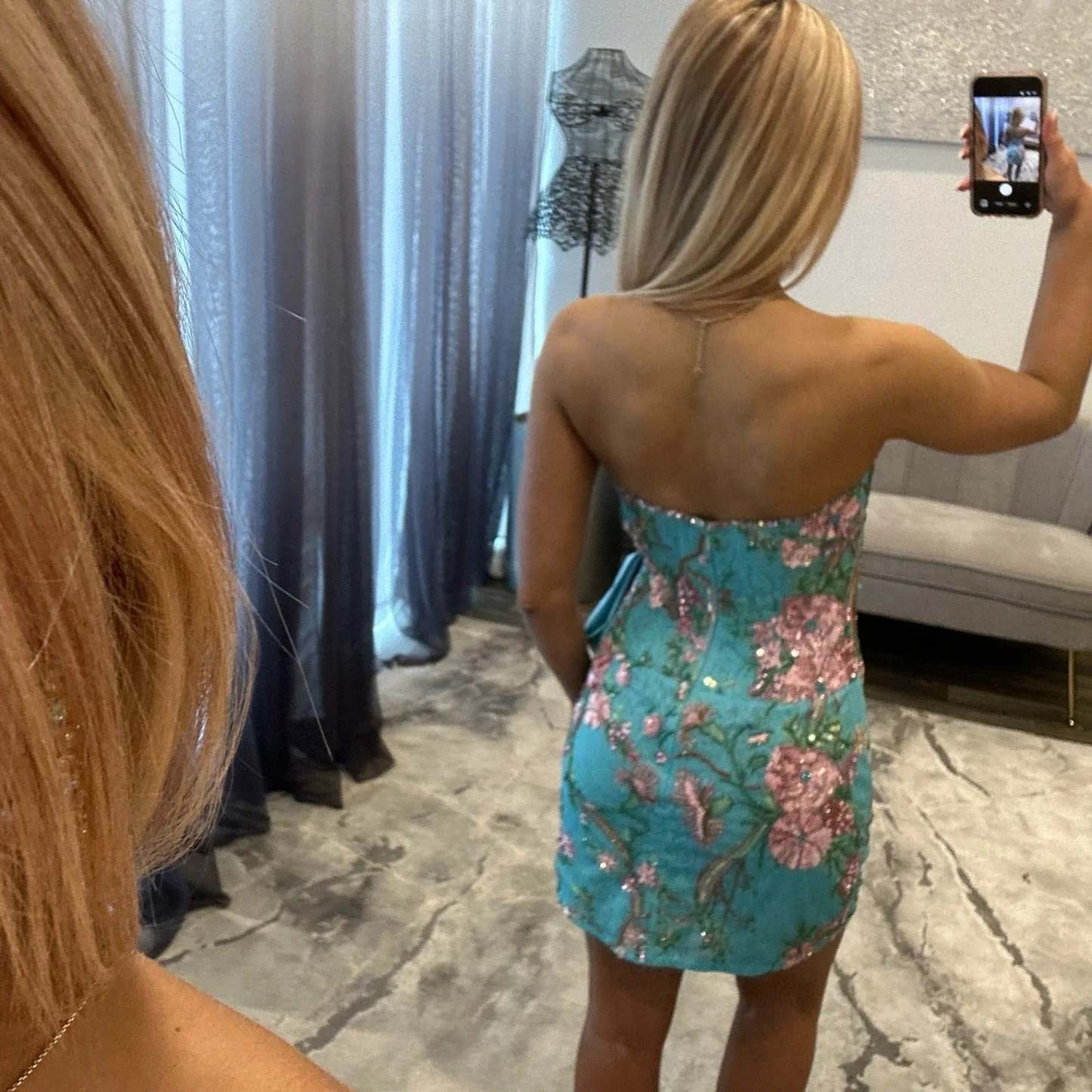 Strapless Floral Embroidered Sequin Homecoming Dress Oversized Bow Bodycon Mini Open Back
