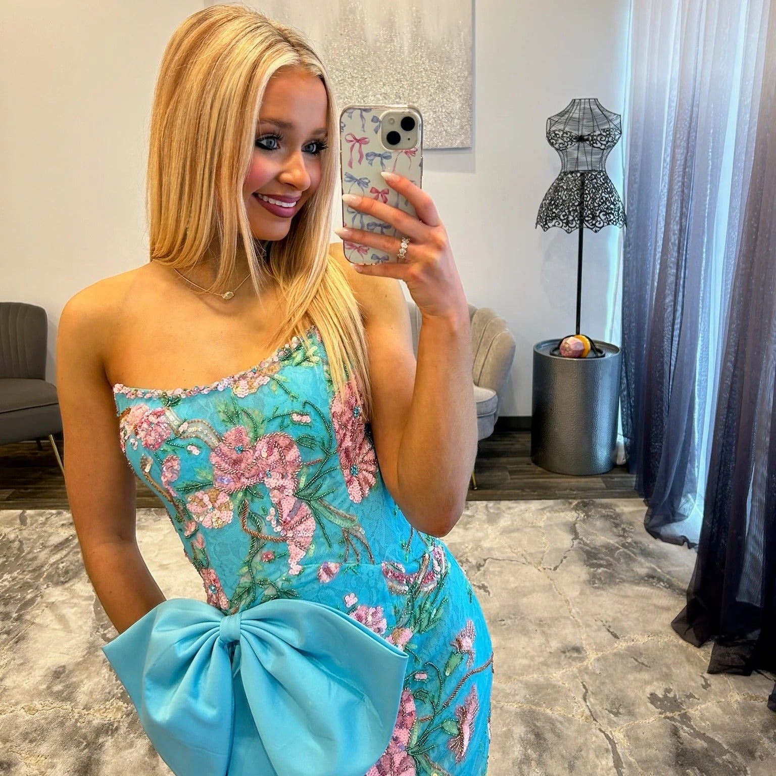 Strapless Floral Embroidered Sequin Homecoming Dress Oversized Bow Bodycon Mini Open Back