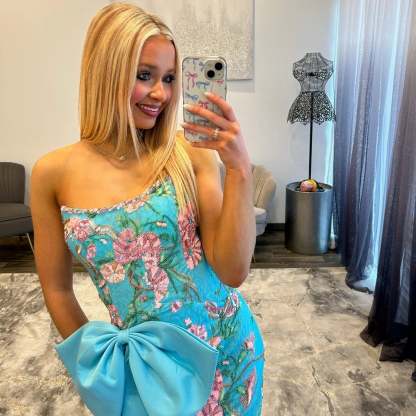 Strapless Floral Embroidered Sequin Homecoming Dress Oversized Bow Bodycon Mini Open Back