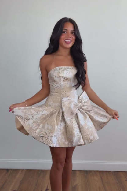 Strapless Floral Jacquard Homecoming Dress Oversized Bow Pleated Bubble Skirt Open Back Mini