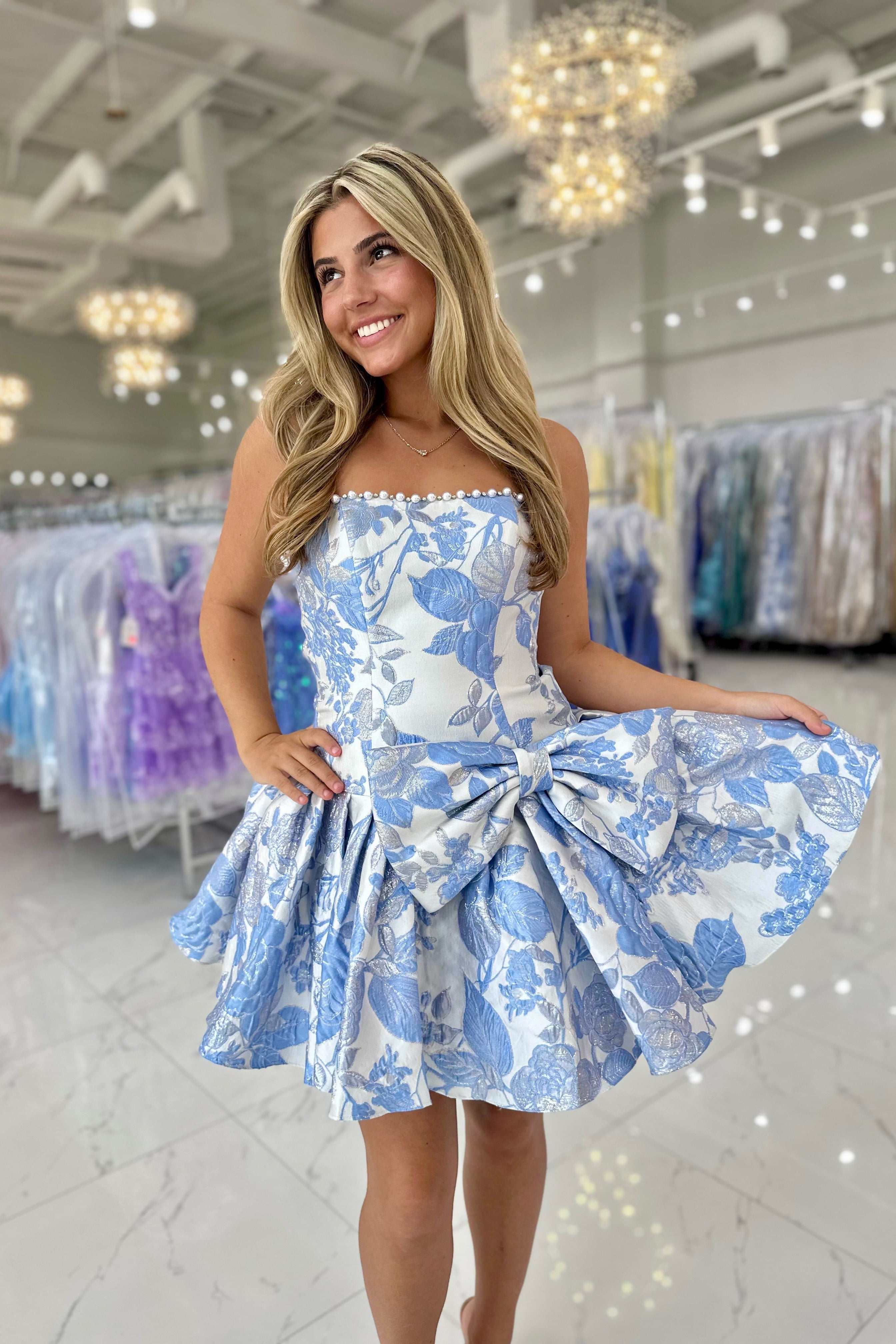 Strapless Floral Jacquard Homecoming Dress Pearl Trim Oversized Bow A line Mini Skirt