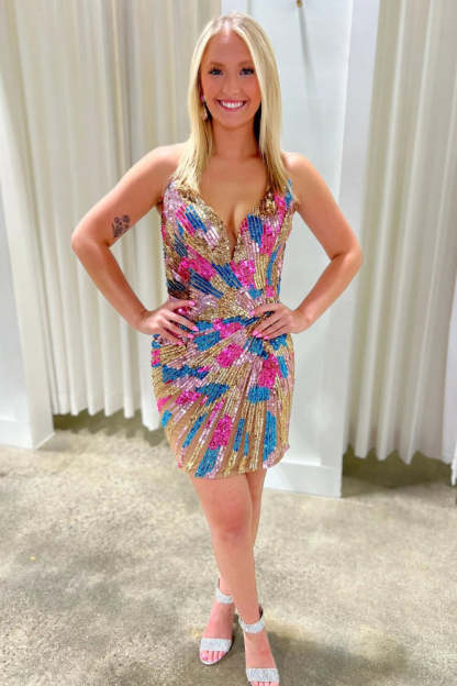 Strapless Multicolor Sequin Homecoming Dress Deep V Sweetheart Bodycon Mini Sunburst